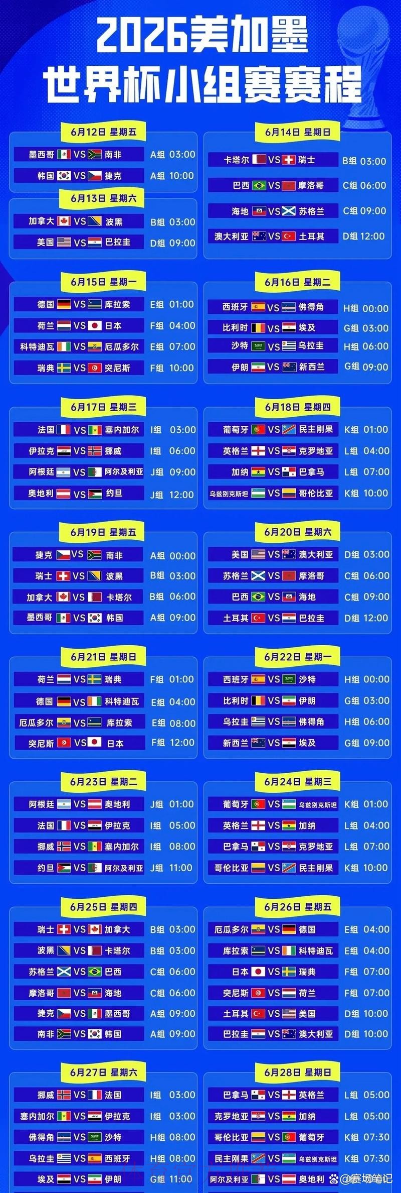 2026年世界杯赛程完整版